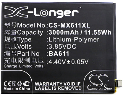 3.85V, 3000mAh, Li-Polymer Battery fits Meilan, 5, M5, 11.55Wh