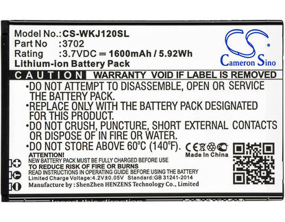 3.7V, 1600mAh, Li-ion Battery fits Wiko, Jerry, Sunny 2 Plus, 5.92Wh