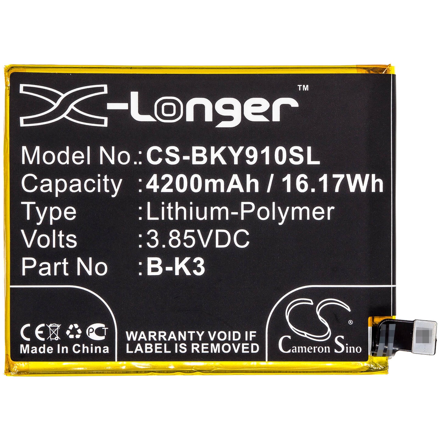 3.85V, 4200mAh, Li-Polymer Battery fits Bbk, V1945a, V1945t, 16.17Wh