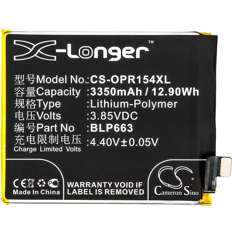 3.85V, 3350mAh, Li-Polymer Battery fits Oppo, Cph1835, Pacm00, 12.8975Wh