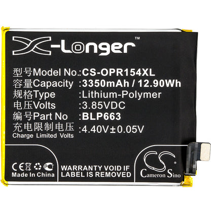 3.85V, 3350mAh, Li-Polymer Battery fits Oppo, Cph1835, Pacm00, 12.8975Wh