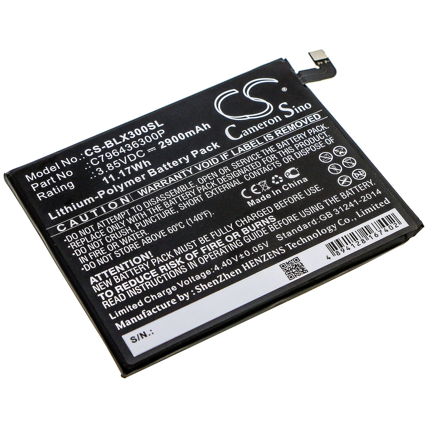 3.85V, 2900mAh, Li-Polymer Battery fits Blu, V0210ww, Vivo Xl3 Plus, 11.165Wh