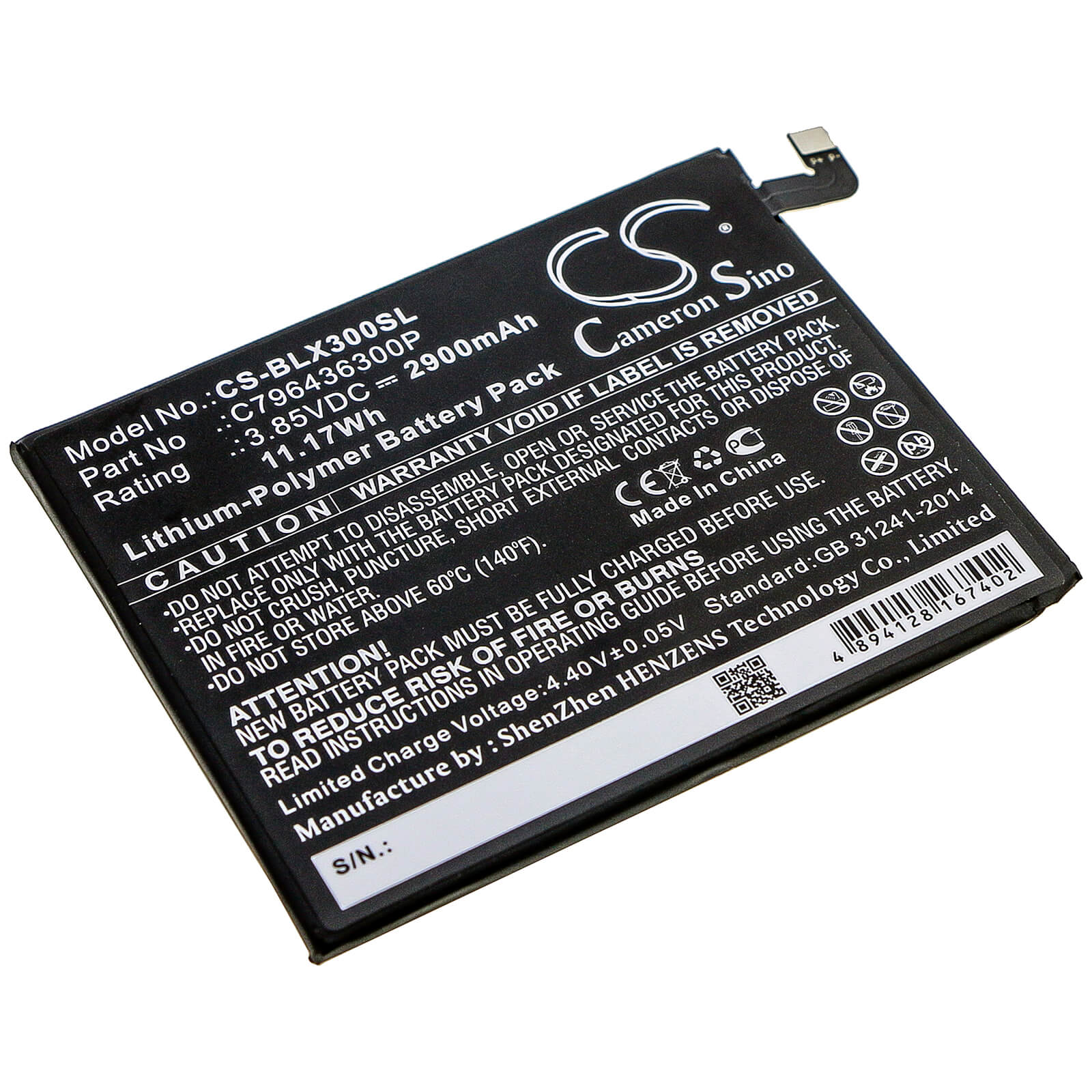 3.85V, 2900mAh, Li-Polymer Battery fits Blu, V0210ww, Vivo Xl3 Plus, 11.165Wh