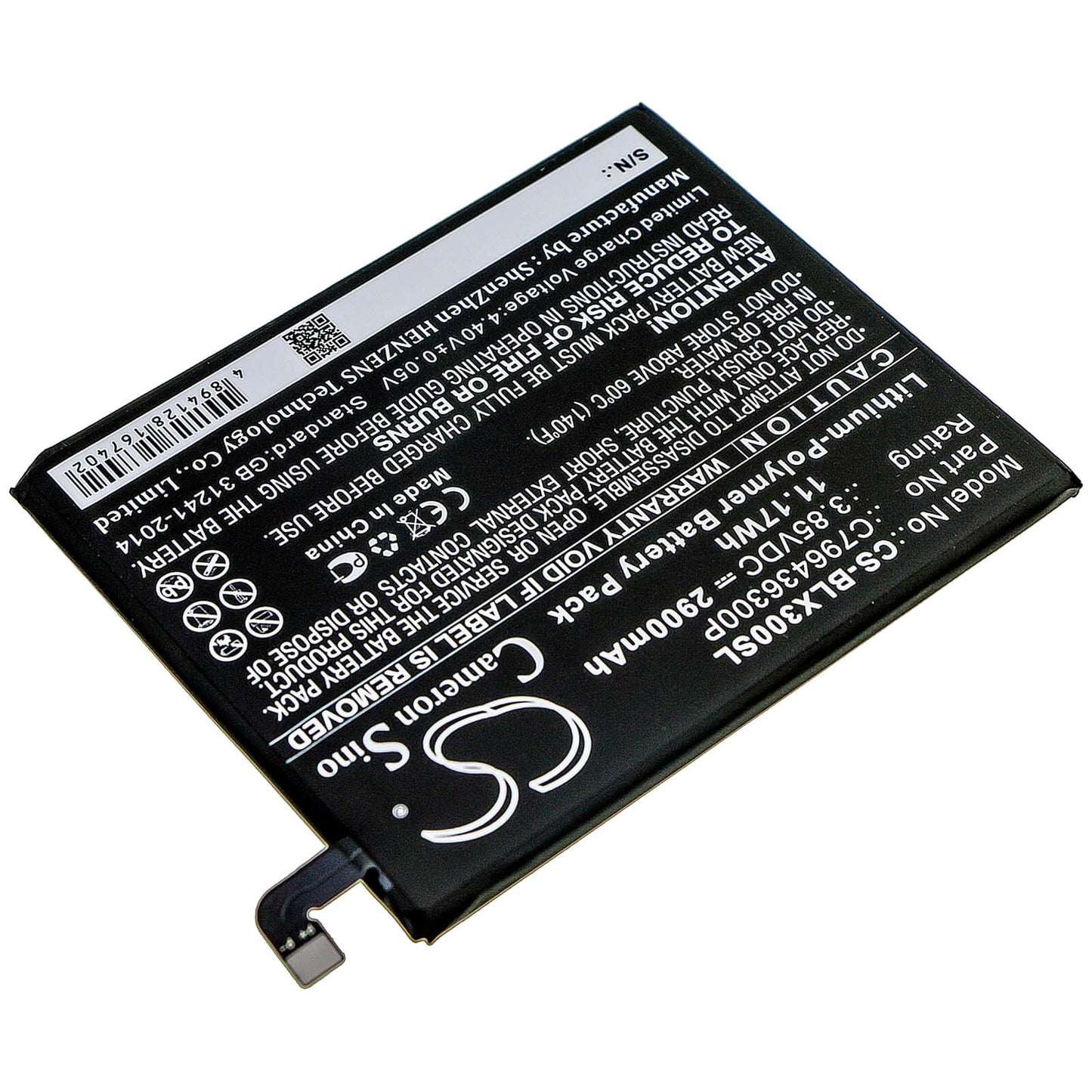 3.85V, 2900mAh, Li-Polymer Battery fits Blu, V0210ww, Vivo Xl3 Plus, 11.165Wh