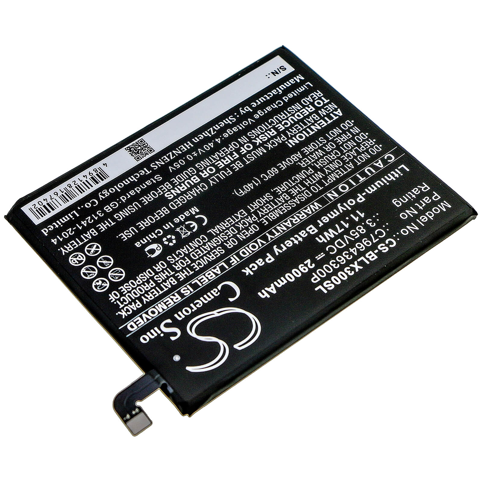 3.85V, 2900mAh, Li-Polymer Battery fits Blu, V0210ww, Vivo Xl3 Plus, 11.165Wh