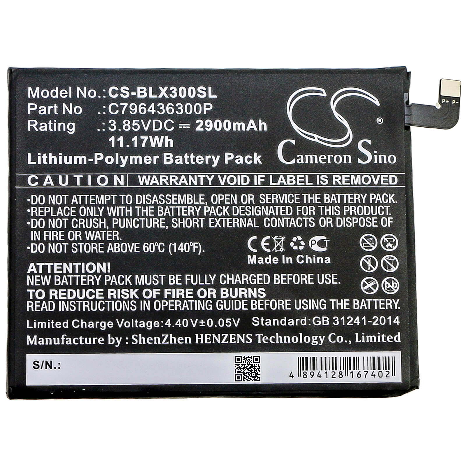3.85V, 2900mAh, Li-Polymer Battery fits Blu, V0210ww, Vivo Xl3 Plus, 11.165Wh