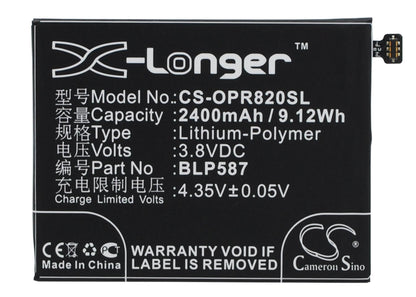 3.8V, 2400mAh, Li-Polymer Battery fits Oppo, R1c, R8200, 9.12Wh