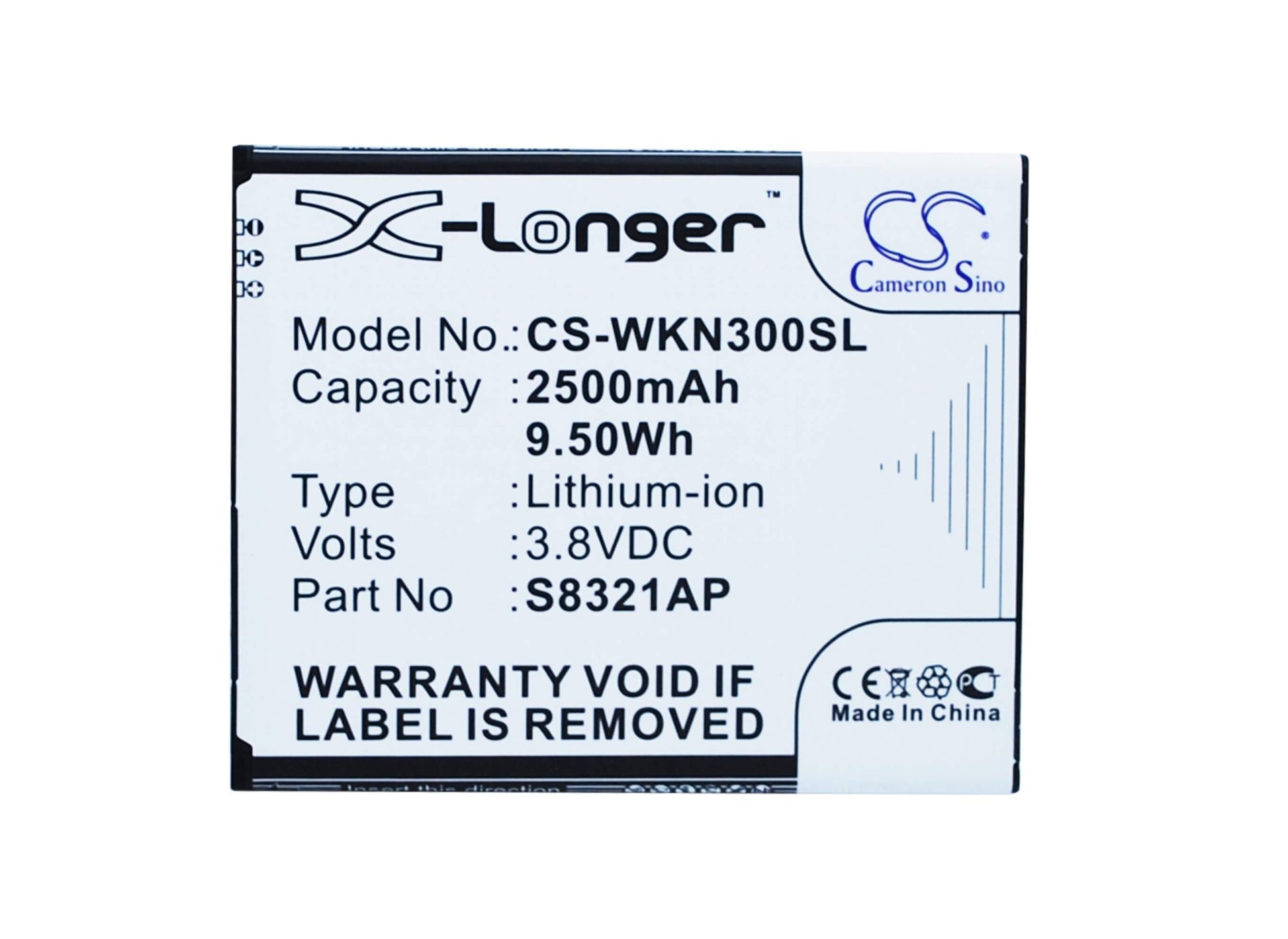 3.8V, 2500mAh, Li-ion Battery fits Wiko, N300, Slide, 9.5Wh