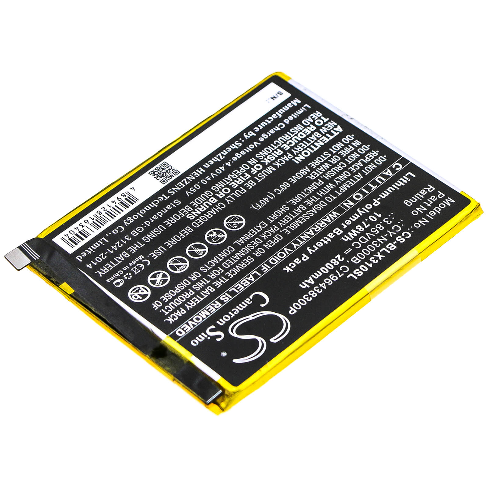 3.85V, 2800mAh, Li-Polymer Battery fits Blu, V0310ww, Vivo Xi Plus, 10.78Wh