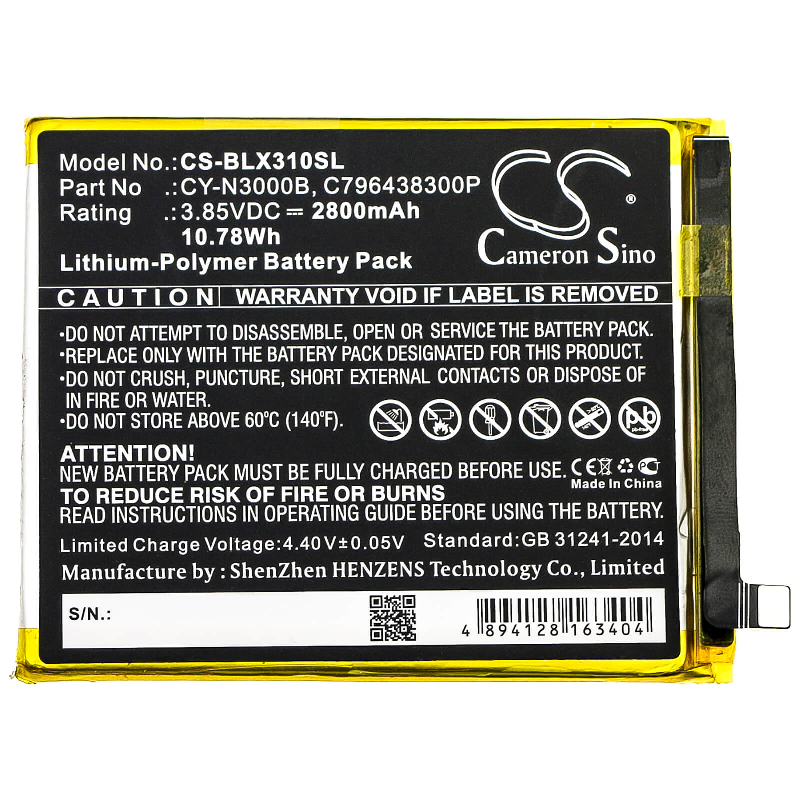 3.85V, 2800mAh, Li-Polymer Battery fits Blu, V0310ww, Vivo Xi Plus, 10.78Wh