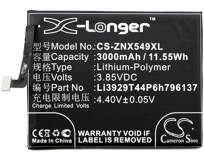 3.85V, 3000mAh, Li-Polymer Battery fits Zte, Nubia Z11 Mini S, Nx549j, 11.55Wh