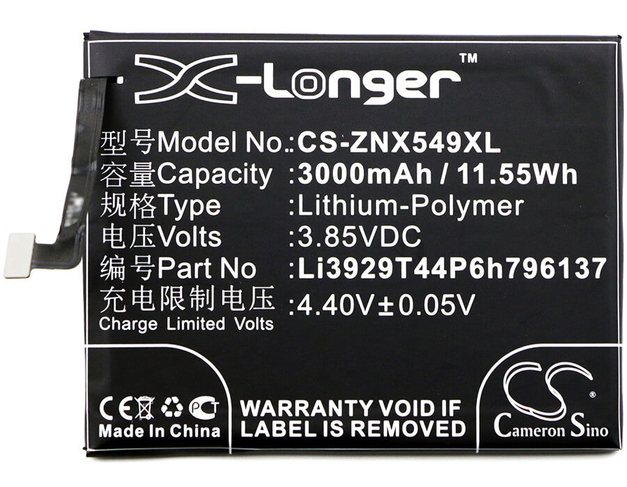 3.85V, 3000mAh, Li-Polymer Battery fits Nubia, Nx549j, Z11 Mini S, 11.55Wh