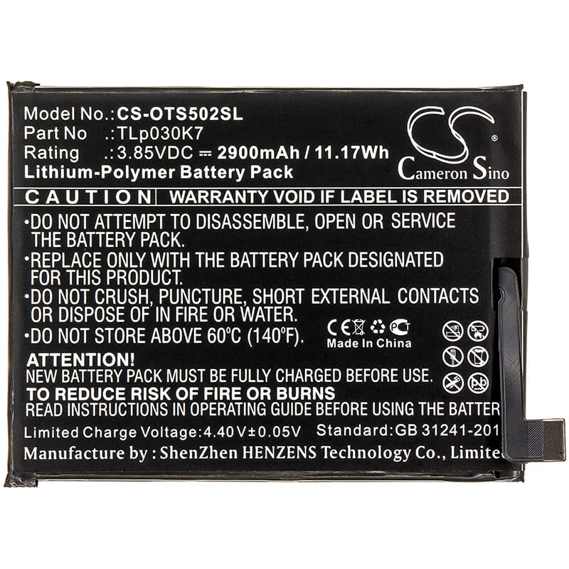 3.85V, 2900mAh, Li-Polymer Battery fits Alcatel, 1s, Ot-5024d, 11.165Wh