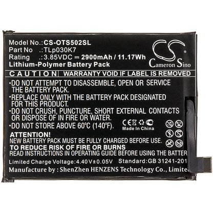 3.85V, 2900mAh, Li-Polymer Battery fits Alcatel, 1s, Ot-5024d, 11.165Wh
