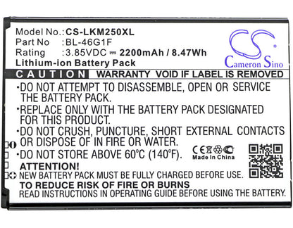 3.85V, 2200mAh, Li-ion Battery fits Lg, Grace, Harmony, 8.47Wh