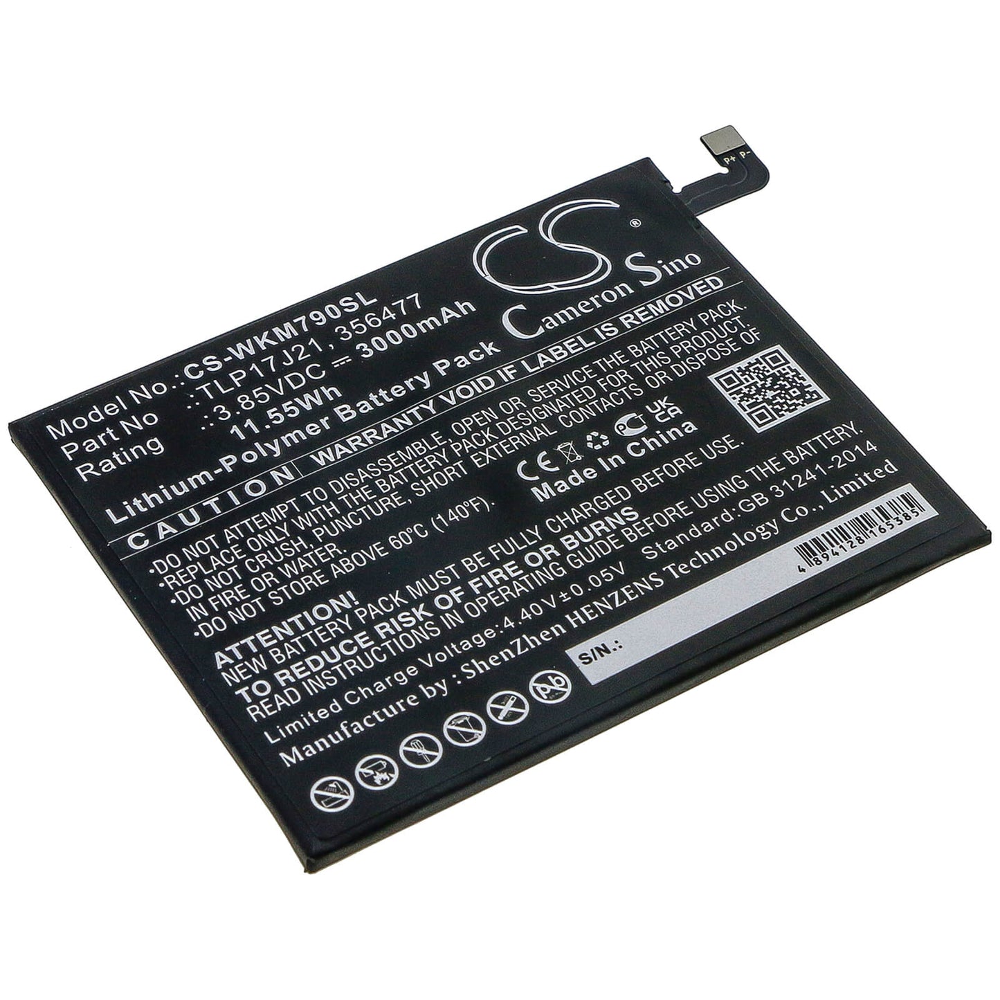 3.85V, 3000mAh, Li-Polymer Battery fits Wiko, M1790, View Xl, 11.55Wh