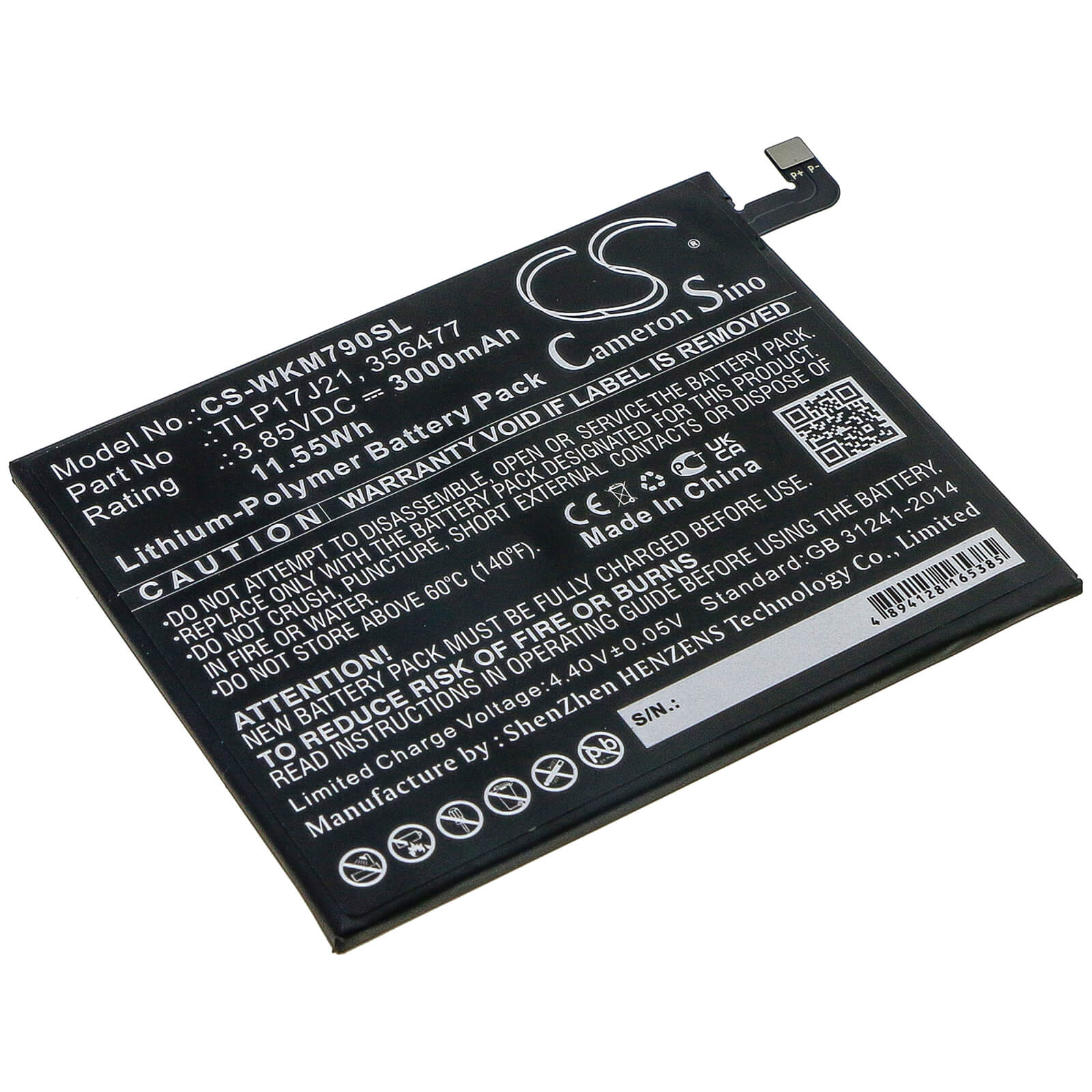 3.85V, 3000mAh, Li-Polymer Battery fits Wiko, M1790, View Xl, 11.55Wh