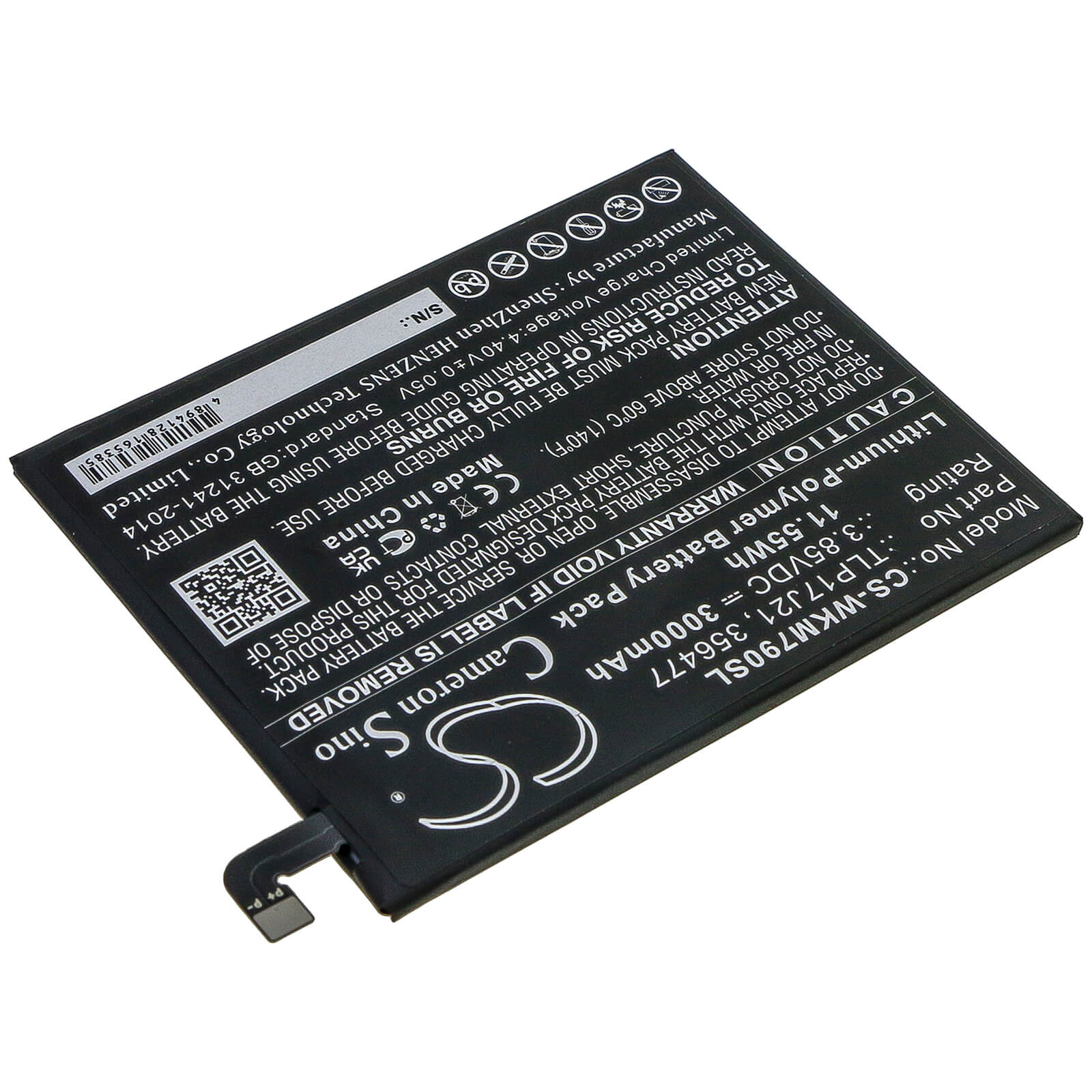 3.85V, 3000mAh, Li-Polymer Battery fits Wiko, M1790, View Xl, 11.55Wh