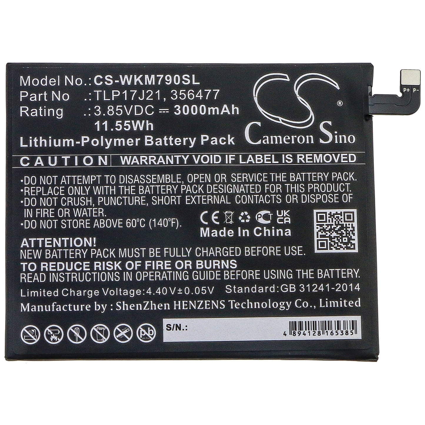 3.85V, 3000mAh, Li-Polymer Battery fits Wiko, M1790, View Xl, 11.55Wh