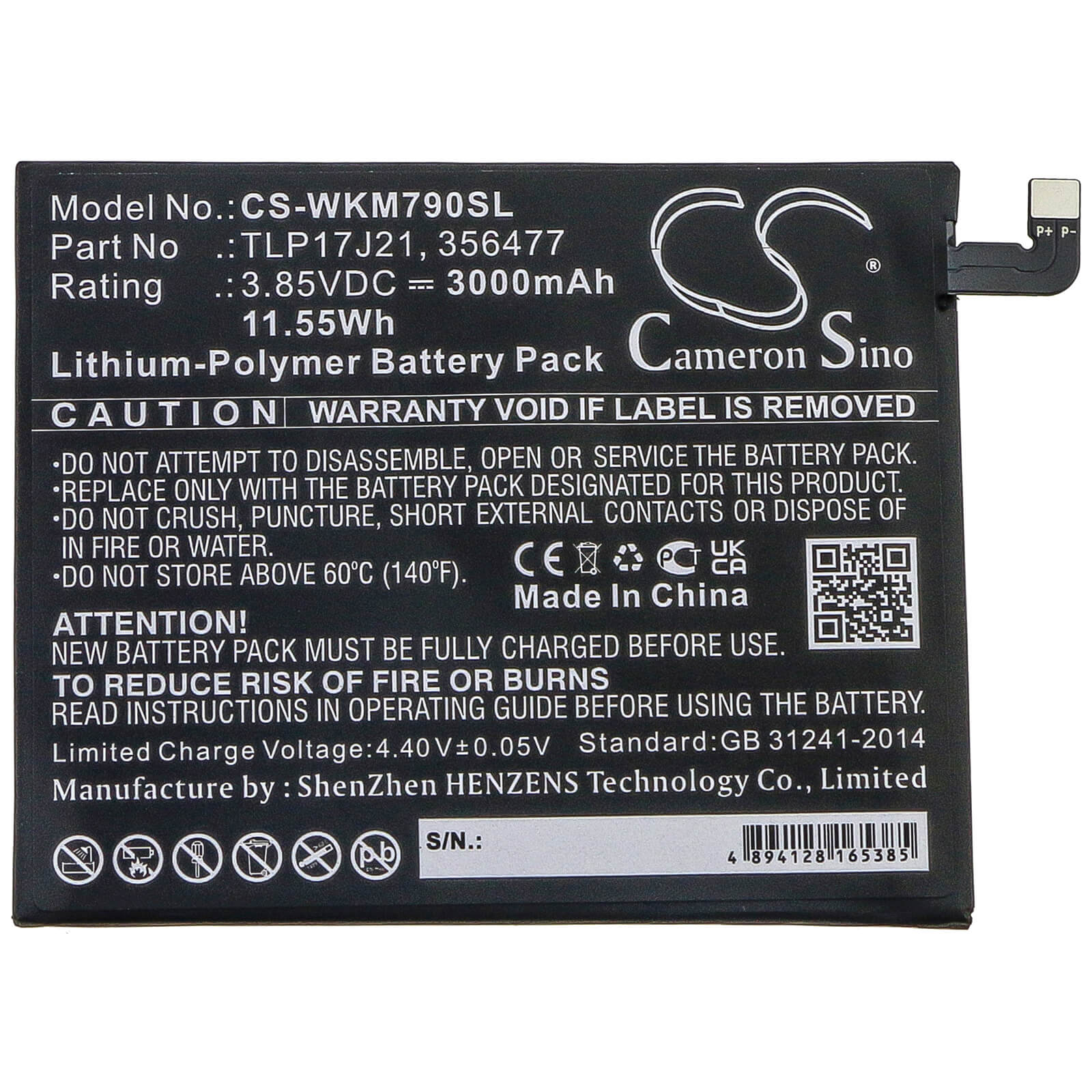 3.85V, 3000mAh, Li-Polymer Battery fits Wiko, M1790, View Xl, 11.55Wh