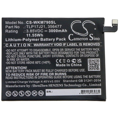 3.85V, 3000mAh, Li-Polymer Battery fits Wiko, M1790, View Xl, 11.55Wh