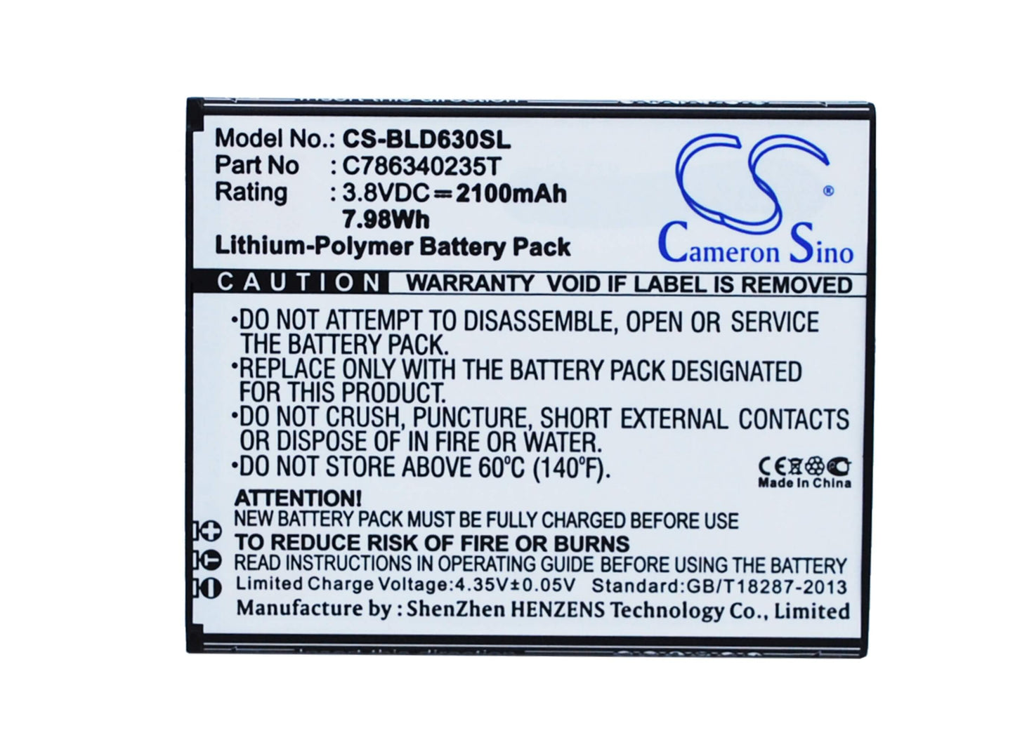 3.8V, 2100mAh, Li-Polymer Battery fits Blu, D630l, D630u, 7.98Wh