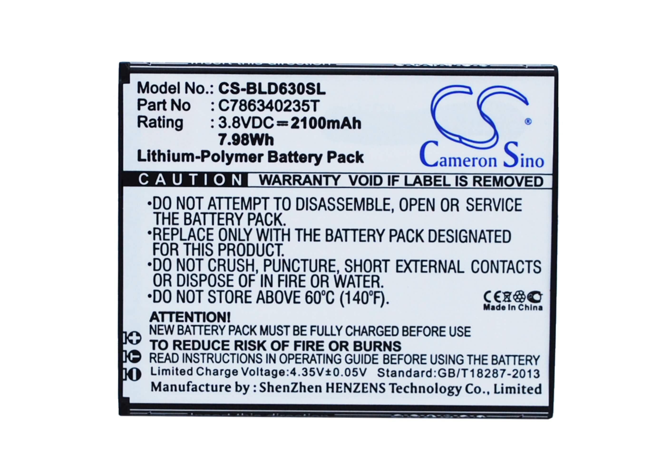 3.8V, 2100mAh, Li-Polymer Battery fits Blu, D630l, D630u, 7.98Wh
