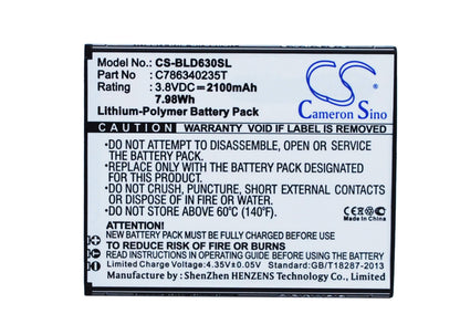 3.8V, 2100mAh, Li-Polymer Battery fits Blu, D630l, D630u, 7.98Wh