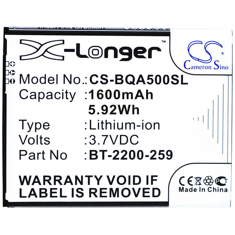 3.7V, 1600mAh, Li-ion Battery fits Bq, Aquaris 5.0, 5.92Wh