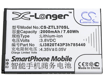 3.8V, 2000mAh, Li-ion Battery fits Zte, Blade L2 Plus, Blade L370, 7.6Wh