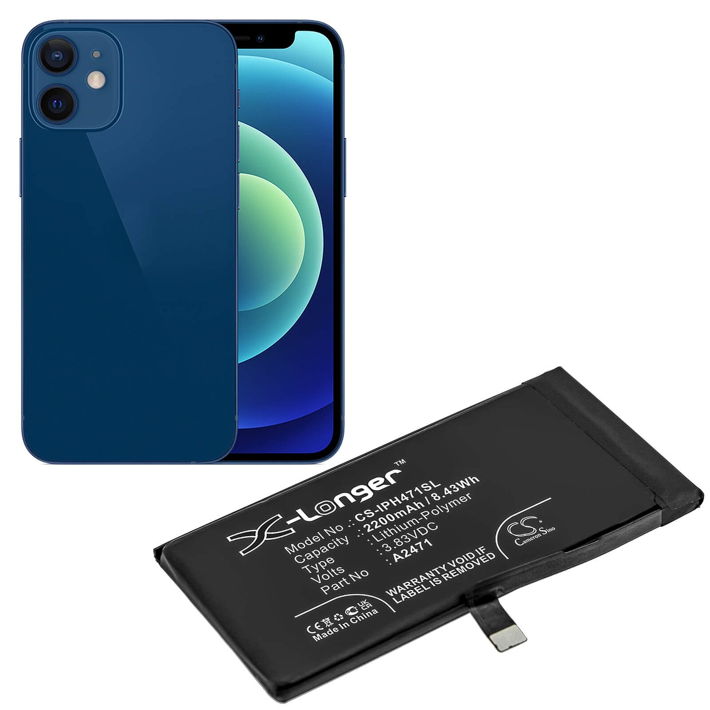 3.83V, 2200mAh, Li-Polymer Battery fits Apple, Iphone 12 Mini, 8.426Wh