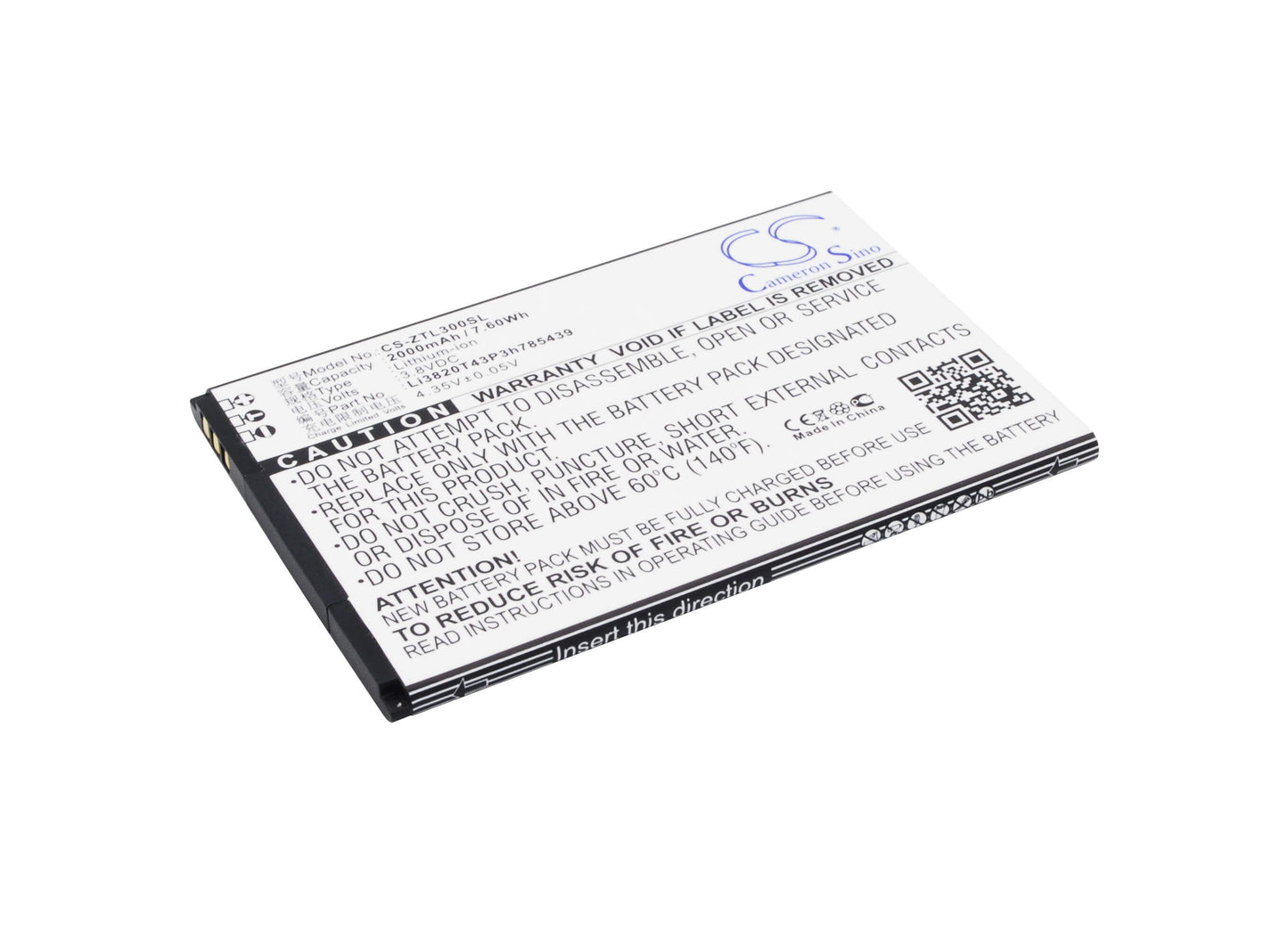 3.8V, 2000mAh, Li-ion Battery fits Zte, Blade L3, 7.6Wh