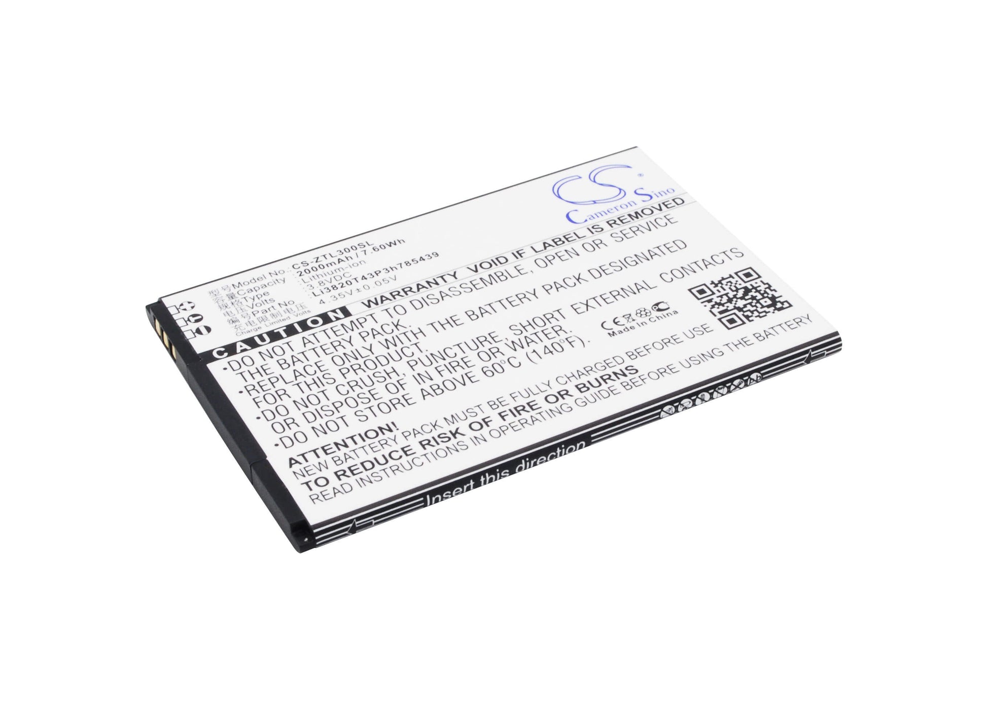 3.8V, 2000mAh, Li-ion Battery fits Zte, Blade L3, 7.6Wh
