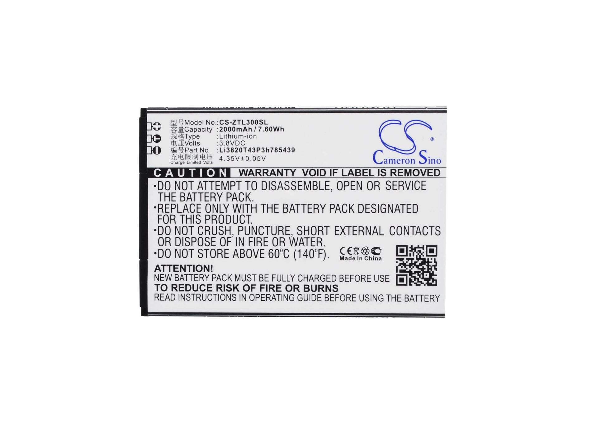 3.8V, 2000mAh, Li-ion Battery fits Zte, Blade L3, 7.6Wh
