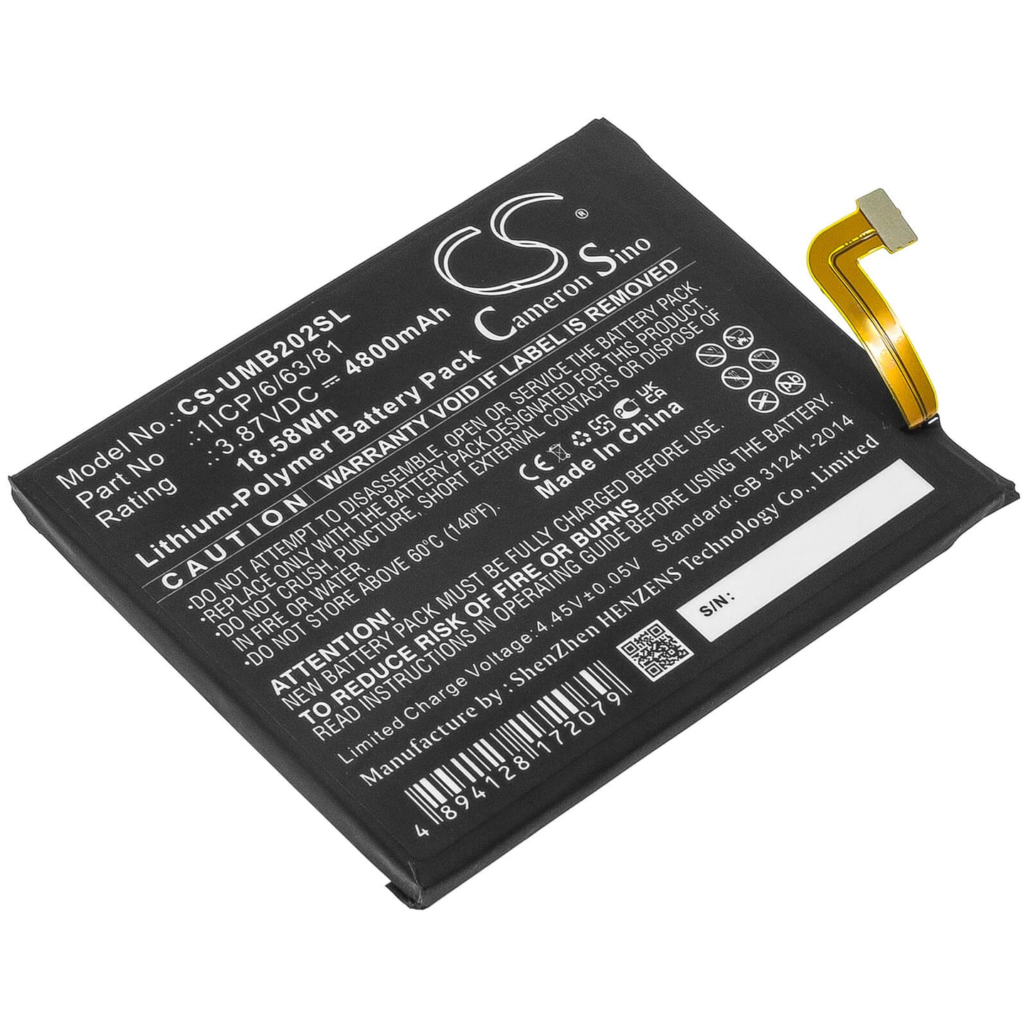 3.87V, 4800mAh, Li-Polymer Battery fits Umi, 2021, Umidigi Bison, 18.576Wh