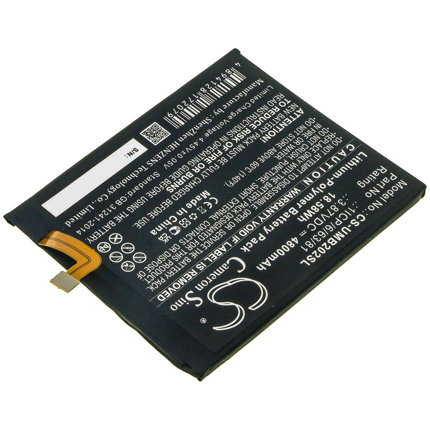 3.87V, 4800mAh, Li-Polymer Battery fits Umi, 2021, Umidigi Bison, 18.576Wh