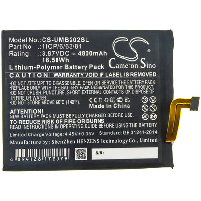 3.87V, 4800mAh, Li-Polymer Battery fits Umi, 2021, Umidigi Bison, 18.576Wh