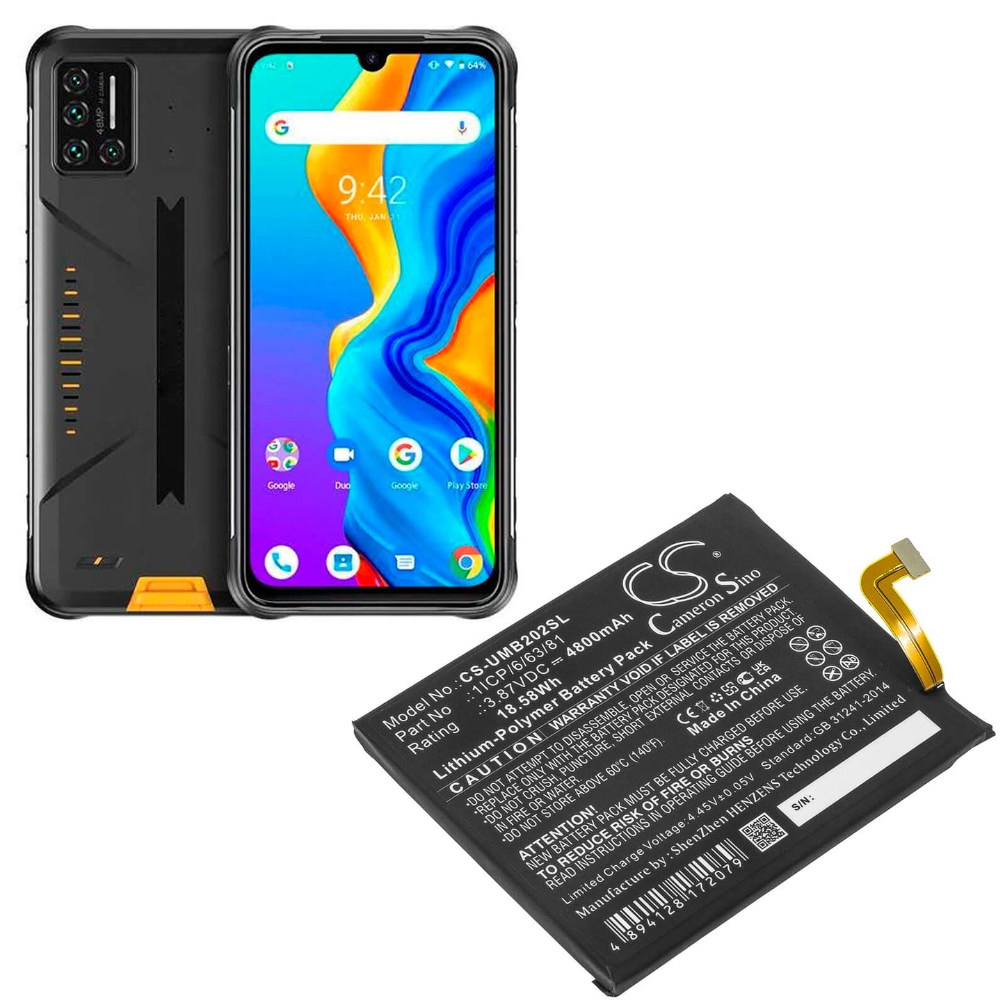 3.87V, 4800mAh, Li-Polymer Battery fits Umi, 2021, Umidigi Bison, 18.576Wh