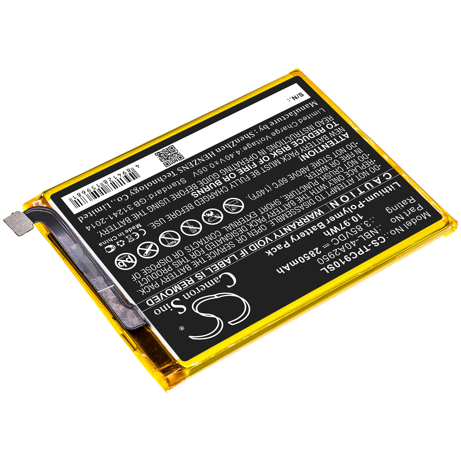 3.85V, 2850mAh, Li-Polymer Battery fits Tp-link, Neffos C9 Max, Tp7062, 10.9725Wh