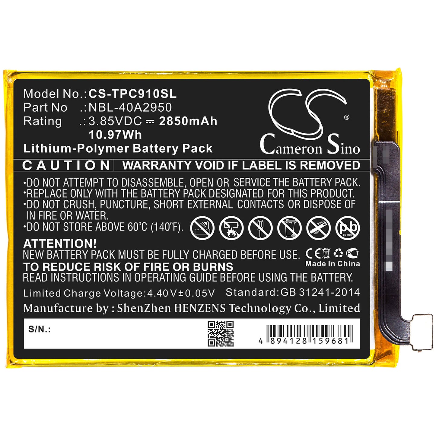 3.85V, 2850mAh, Li-Polymer Battery fits Tp-link, Neffos C9 Max, Tp7062, 10.9725Wh