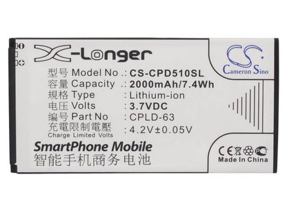 3.7V, 2000mAh, Li-ion Battery fits Coolpad, 2168, D21, 7.4Wh