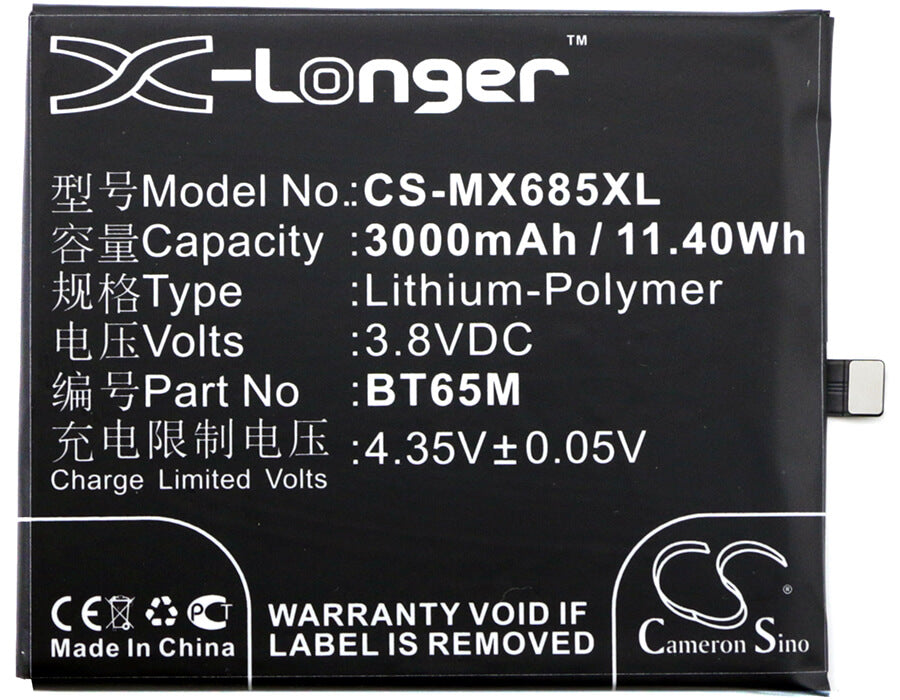3.8V, 3000mAh, Li-Polymer Battery fits Meizu, M685c, M685q, 11.4Wh