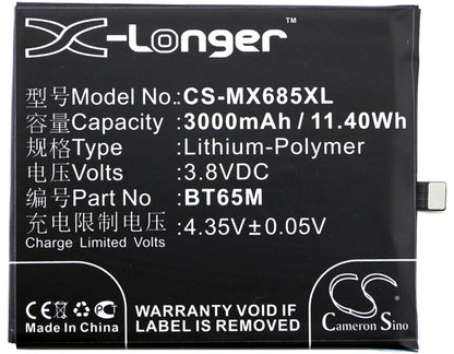 3.8V, 3000mAh, Li-Polymer Battery fits Meizu, M685c, M685q, 11.4Wh