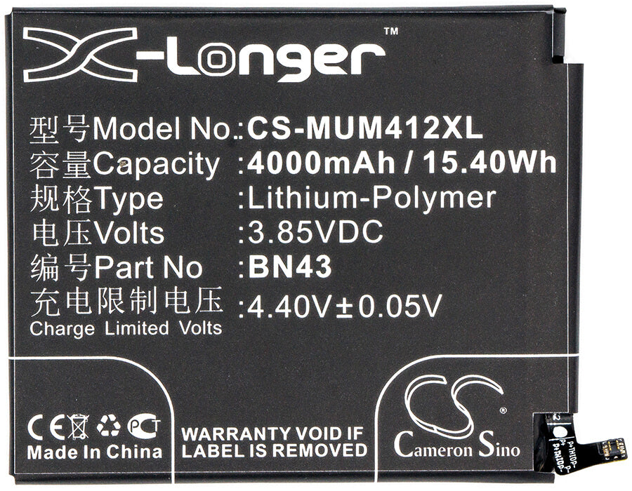 3.85V, 4000mAh, Li-Polymer Battery fits Xiaomi, Note 4x ( China Version ), Redmi Note 4x ( China Version, 15.4Wh