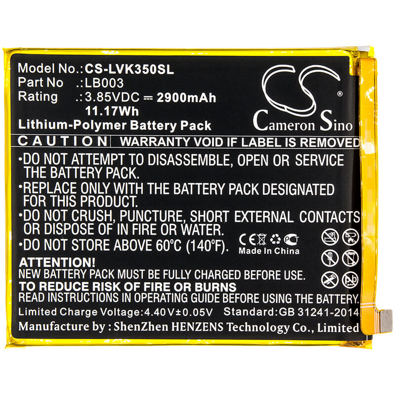 3.85V, 2900mAh, Li-Polymer Battery fits Lenovo, K350t, K5, 11.165Wh