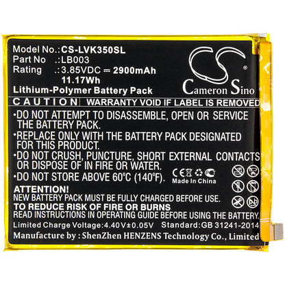 3.85V, 2900mAh, Li-Polymer Battery fits Lenovo, K350t, K5, 11.165Wh