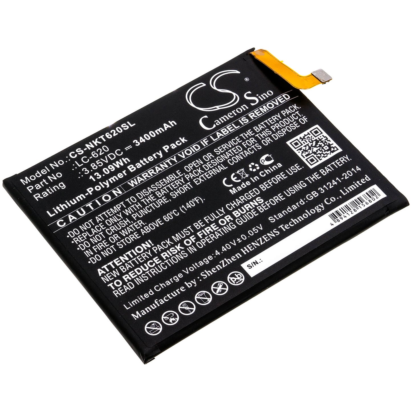 3.85V, 3400mAh, Li-Polymer Battery fits Nokia, 6.2, 13.09Wh
