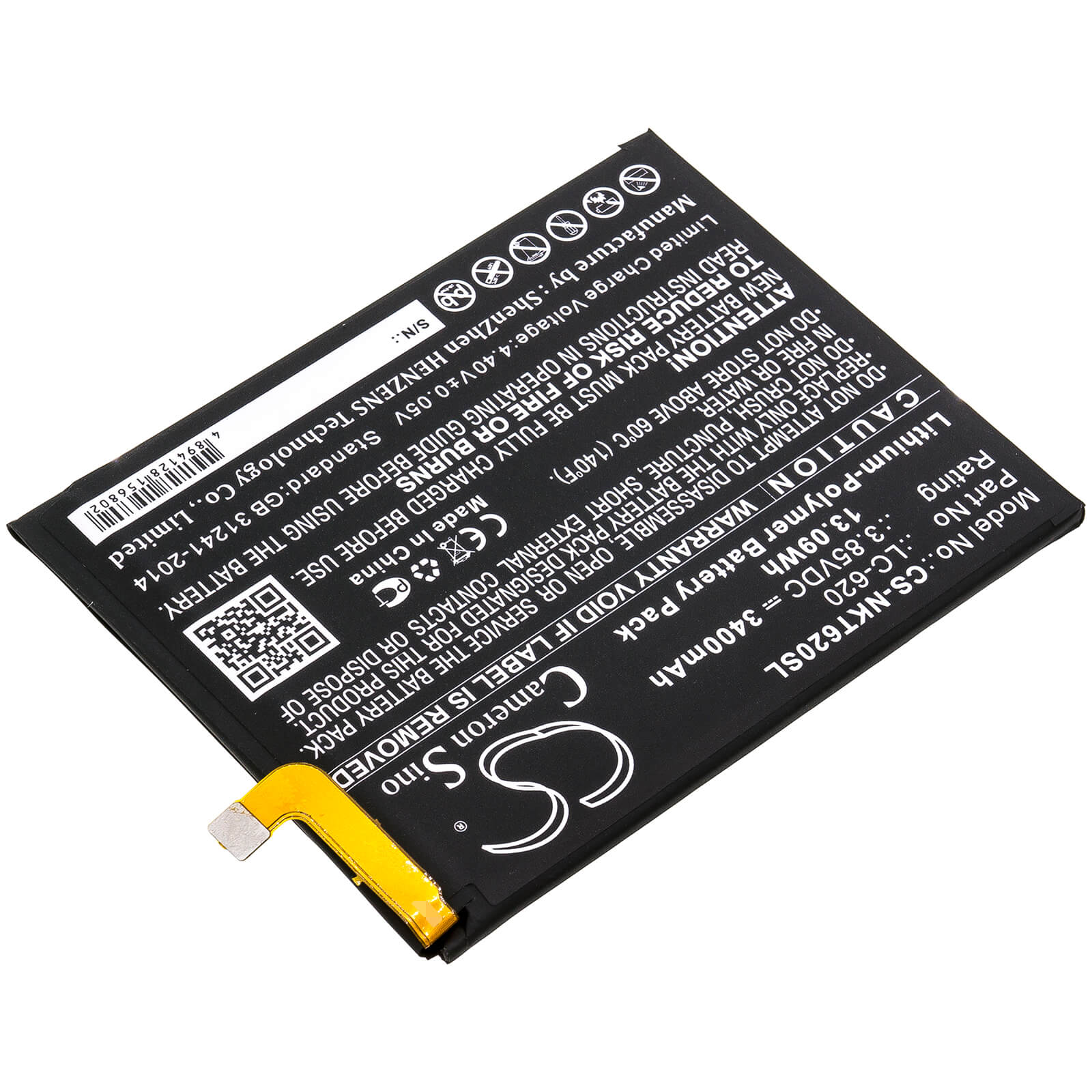 3.85V, 3400mAh, Li-Polymer Battery fits Nokia, 6.2, 13.09Wh