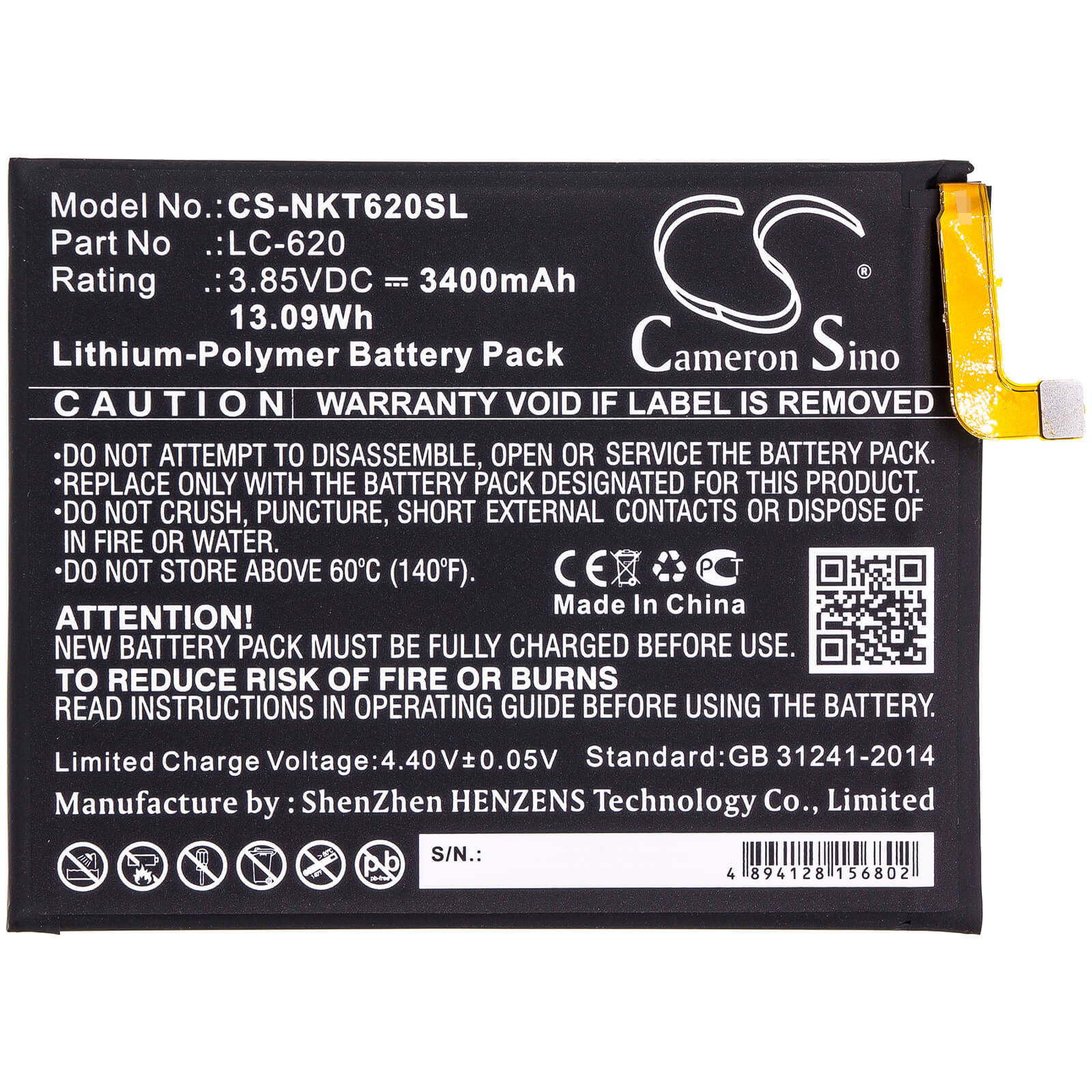 3.85V, 3400mAh, Li-Polymer Battery fits Nokia, 6.2, 13.09Wh