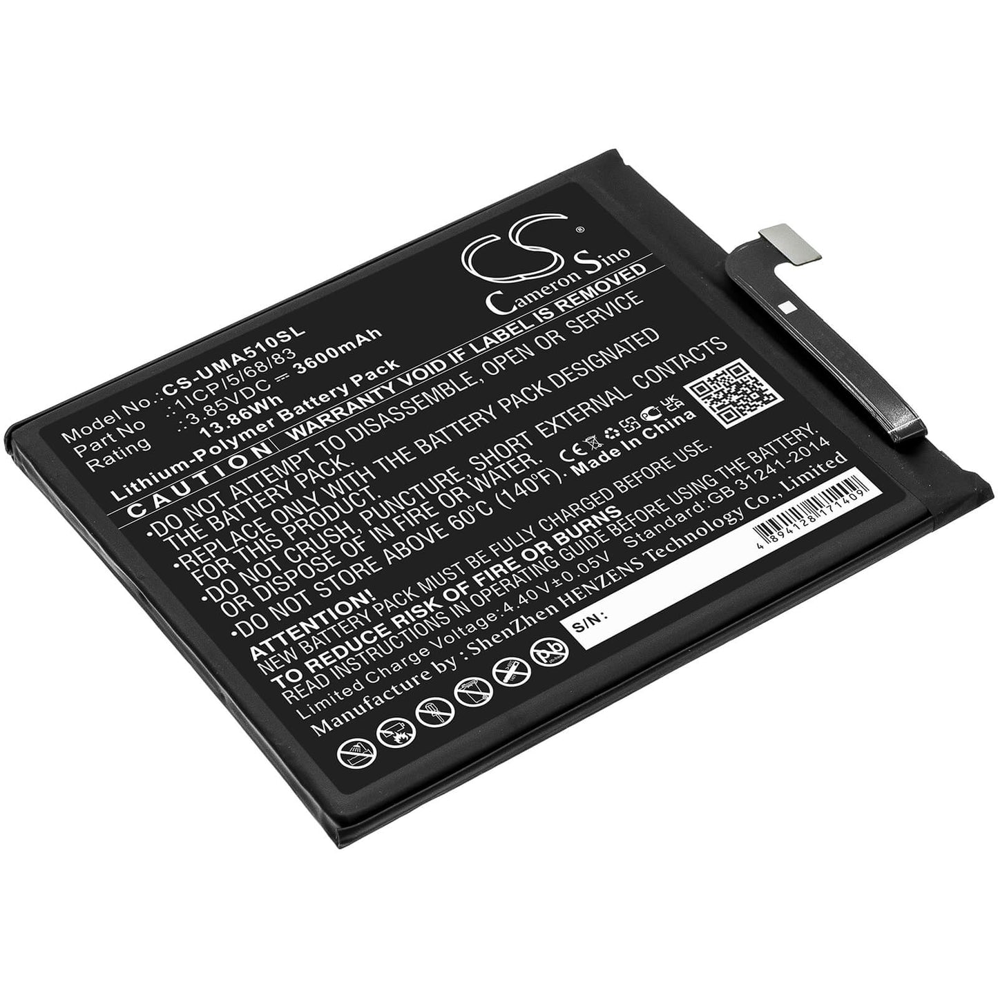 3.85V, 3600mAh, Li-Polymer Battery fits Umi, Umidigi A5 Pro, 13.86Wh